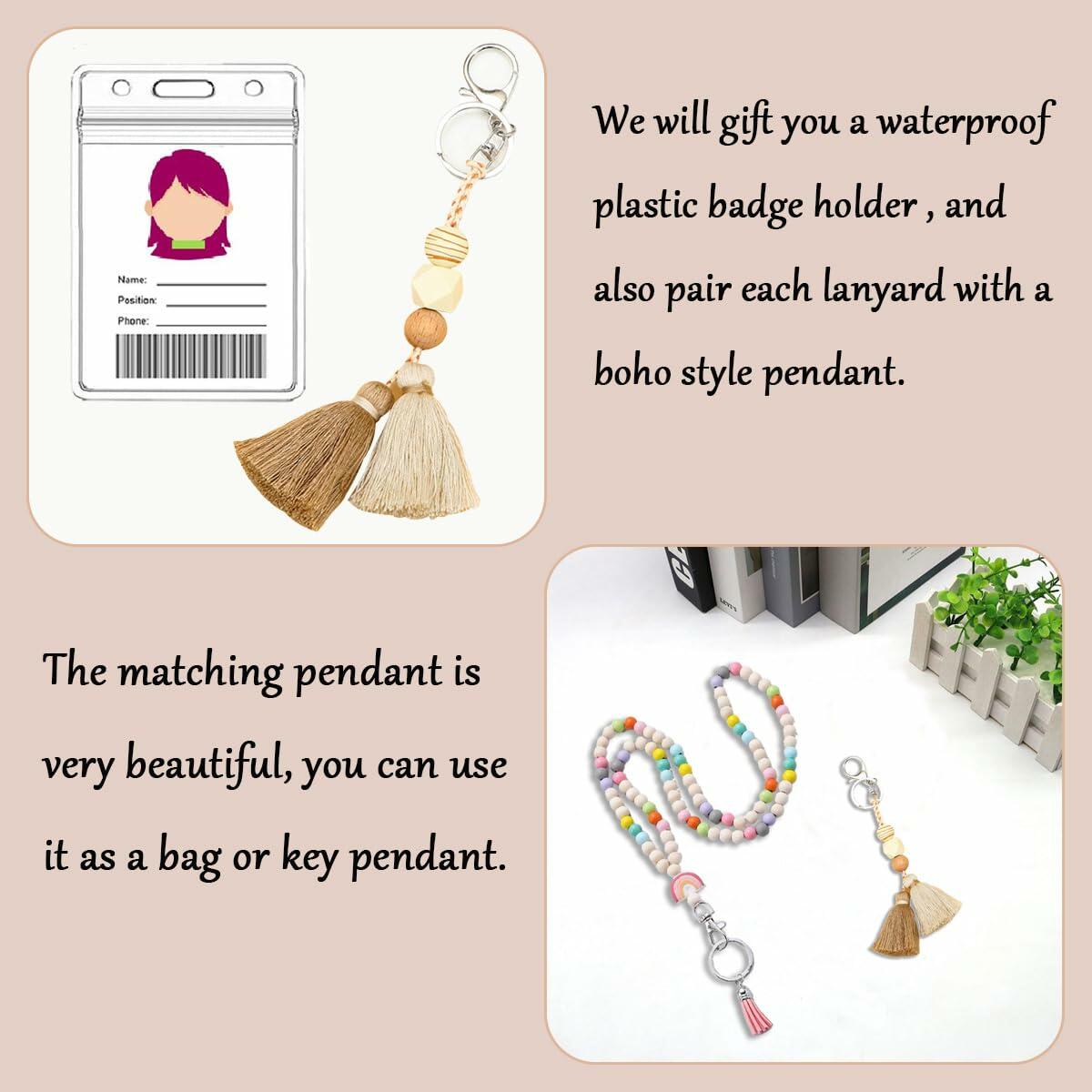 Teacher Lanyard with ID Holder Wooden Bead Silicone Boho Pendant Style E