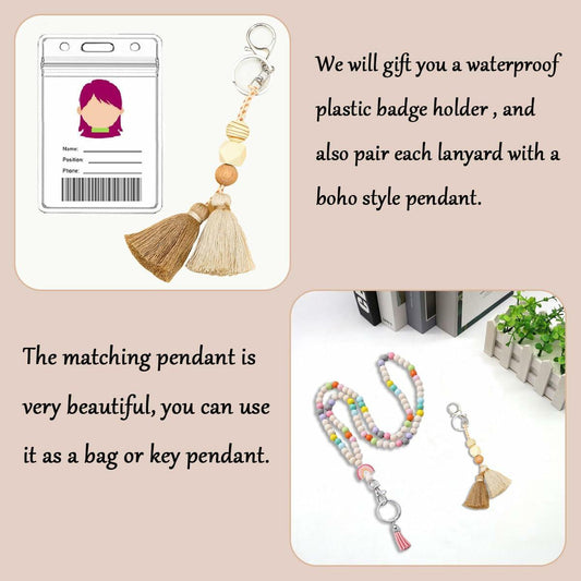 Teacher Lanyard with ID Holder Wooden Bead Silicone Boho Pendant Style E