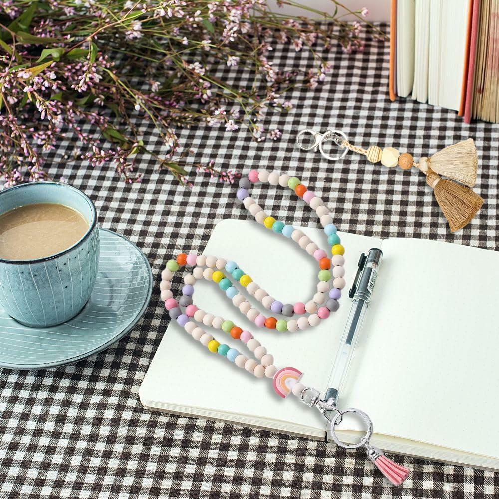 Teacher Lanyard with ID Holder Wooden Bead Silicone Boho Pendant Style E