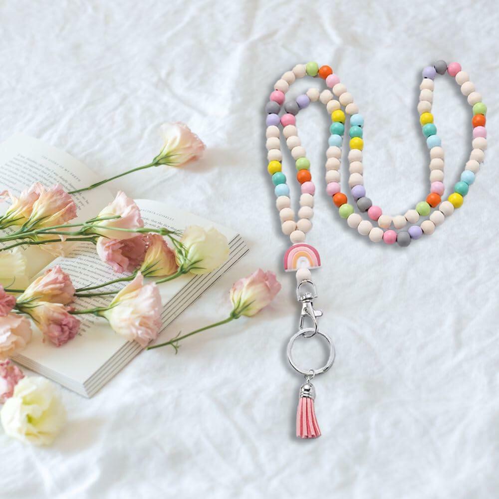 Teacher Lanyard with ID Holder Wooden Bead Silicone Boho Pendant Style E