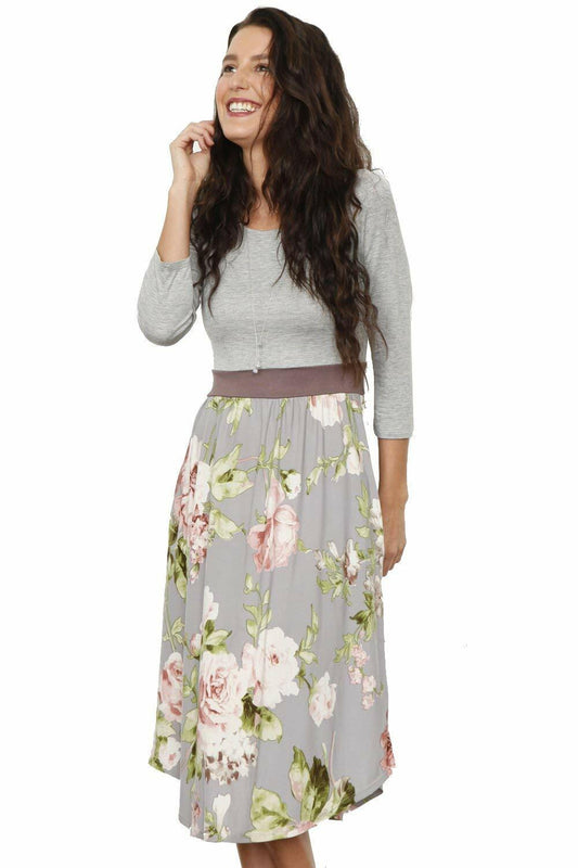 Eloges Women's Floral Midi Dress 3/4 Sleeve Contrast Waistband Grey/Mocha Size S