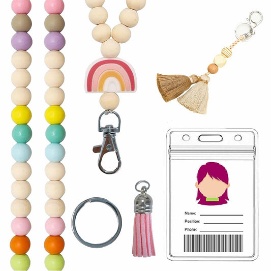 Teacher Lanyard with ID Holder Wooden Bead Silicone Boho Pendant Style E