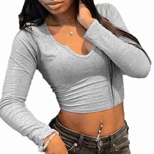 LovelyWholesale Womens Long Sleeve V Neck Crop Top Grey Size Large