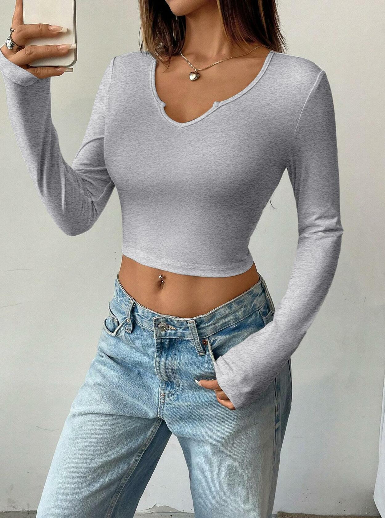 LovelyWholesale Womens Long Sleeve V Neck Crop Top Grey Size Large