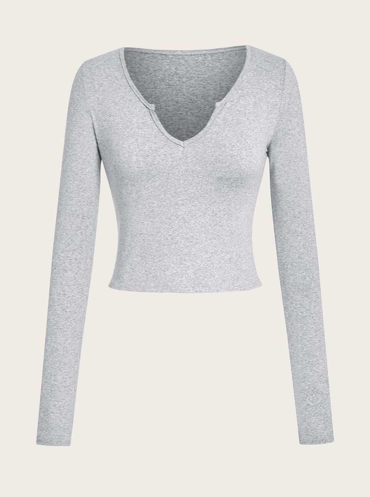 LovelyWholesale Womens Long Sleeve V Neck Crop Top Grey Size Large