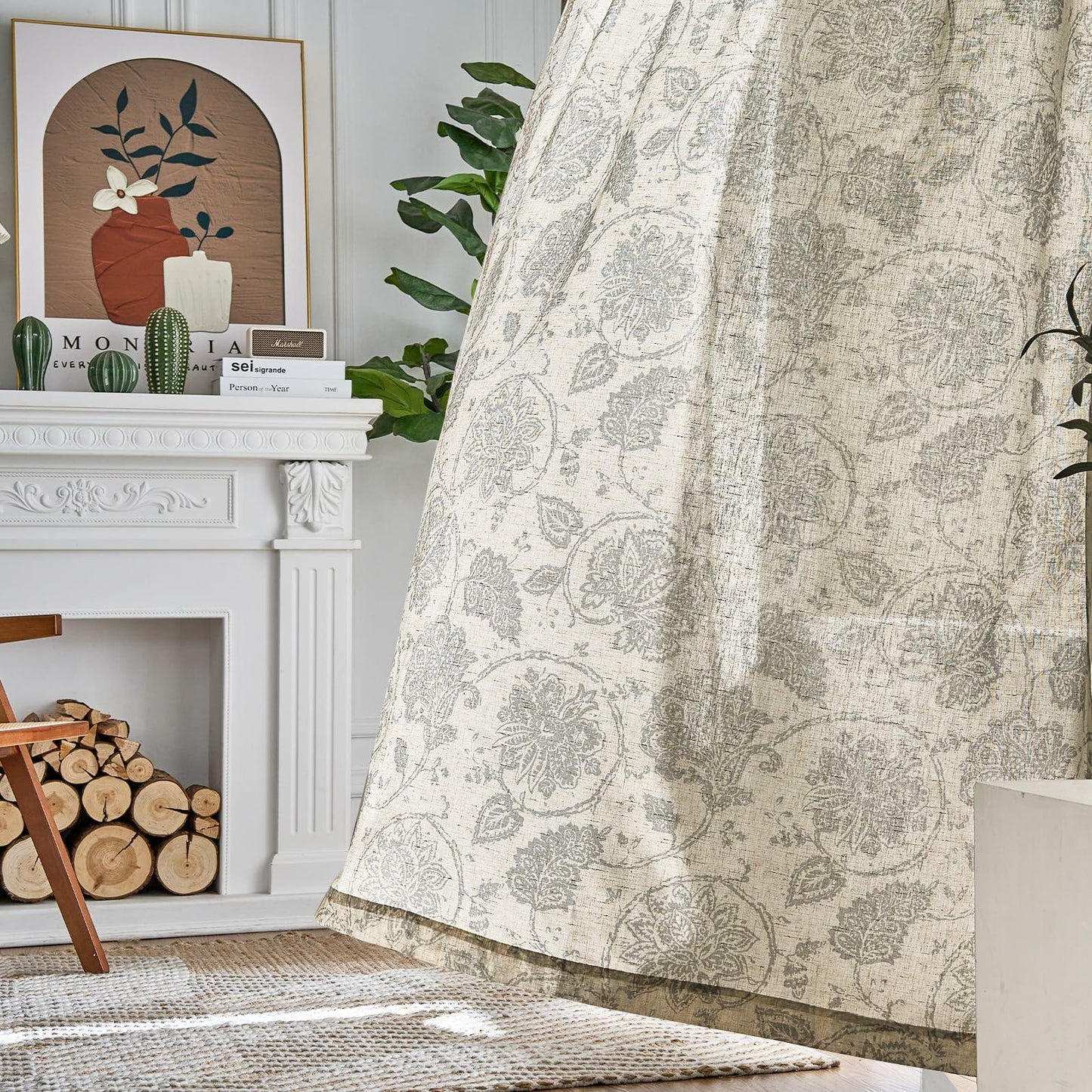 [Like New] jinchan Linen Curtains Gray Floral Paisley 63in Length 2 Panels