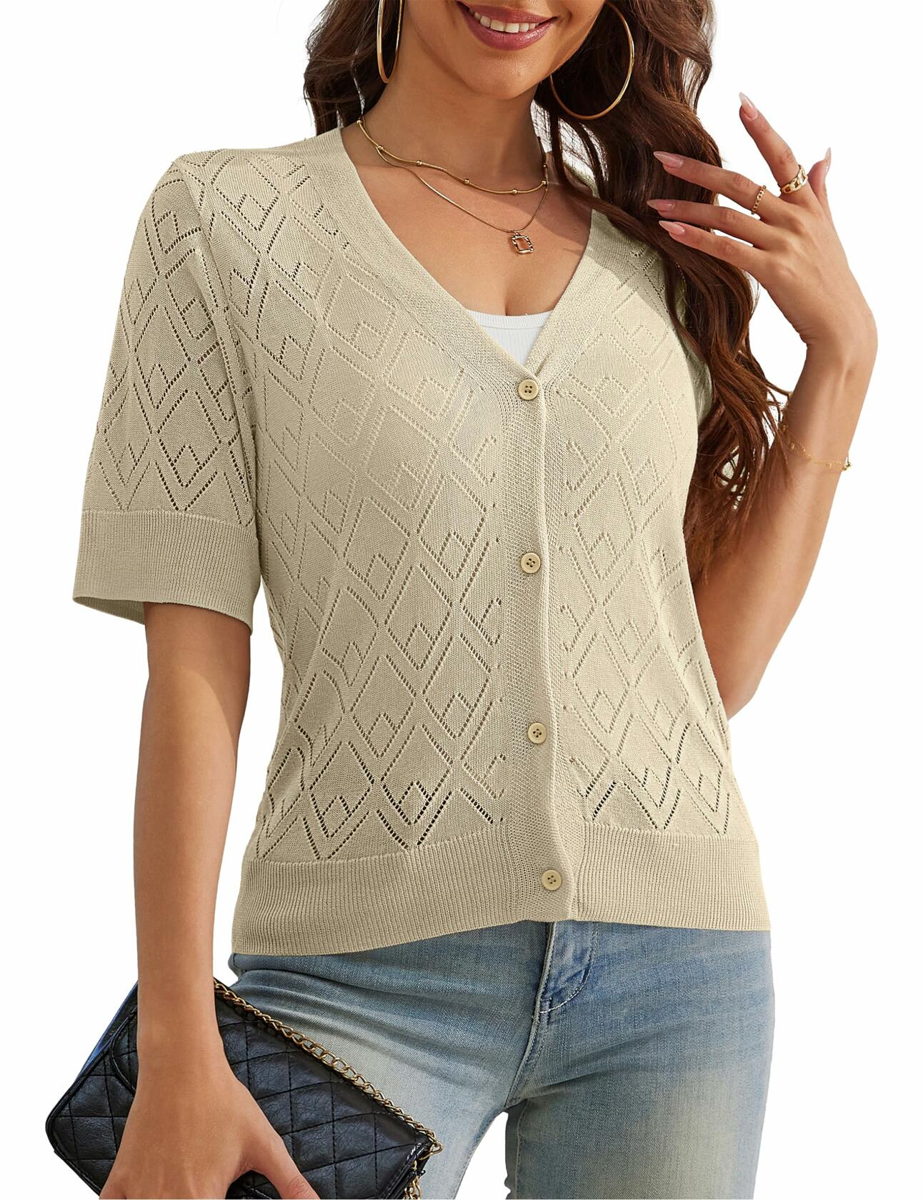 VOIANLIMO Women's Cropped V-Neck Button Down Cardigan Sweater Apricot Size S