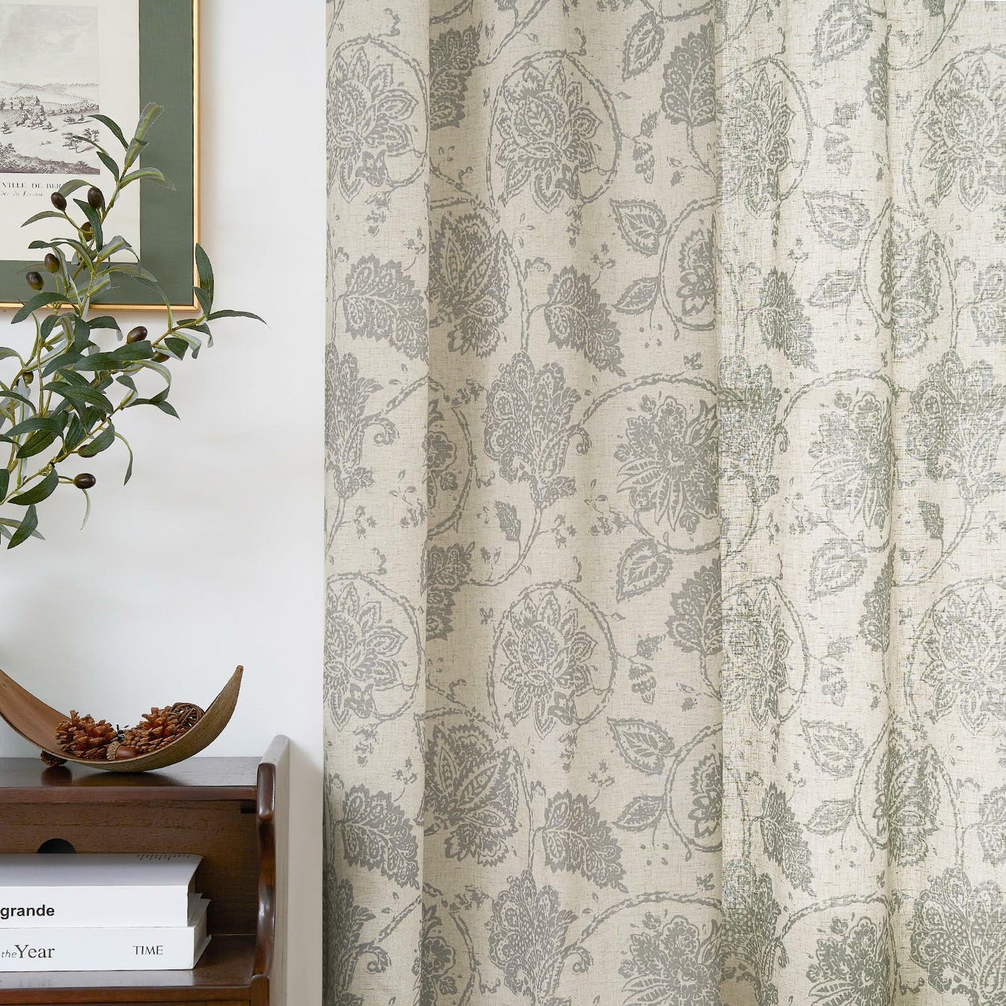 [Like New] jinchan Linen Curtains Gray Floral Paisley 63in Length 2 Panels