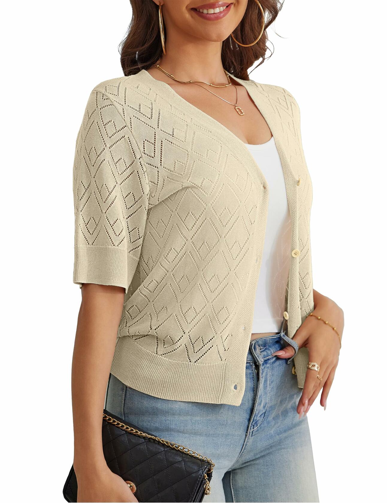 VOIANLIMO Women's Cropped V-Neck Button Down Cardigan Sweater Apricot Size S