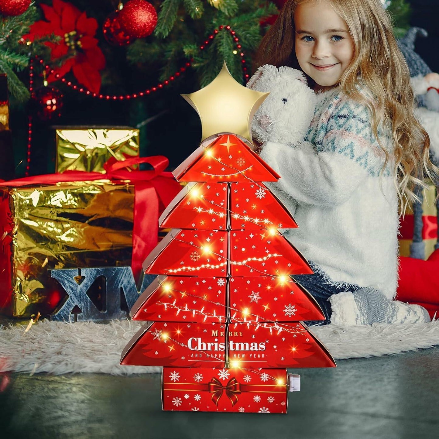 Decoration Boxes Tree Shape LED Light Gift Boxes 19.8x13.6x2.6in Set of 11