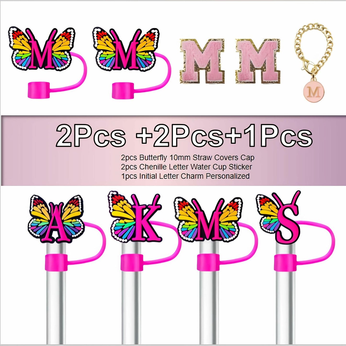 IN CHENTHY Straw Topper 2pcs Letter N Covers + Charm Chain + Alphabet Stickers