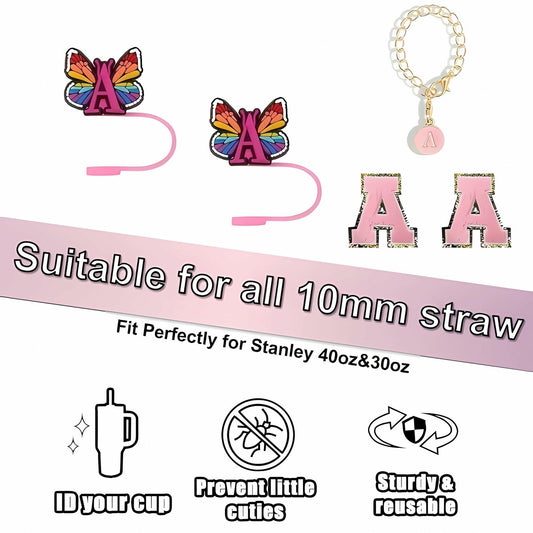 IN CHENTHY Straw Topper 2pcs Letter N Covers + Charm Chain + Alphabet Stickers