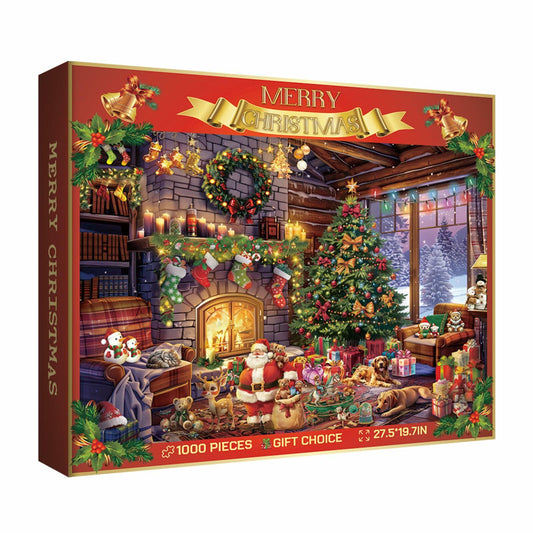 Christmas Cabin Puzzle 1000 Piece Winter Holiday Santa Claus Red Jigsaw