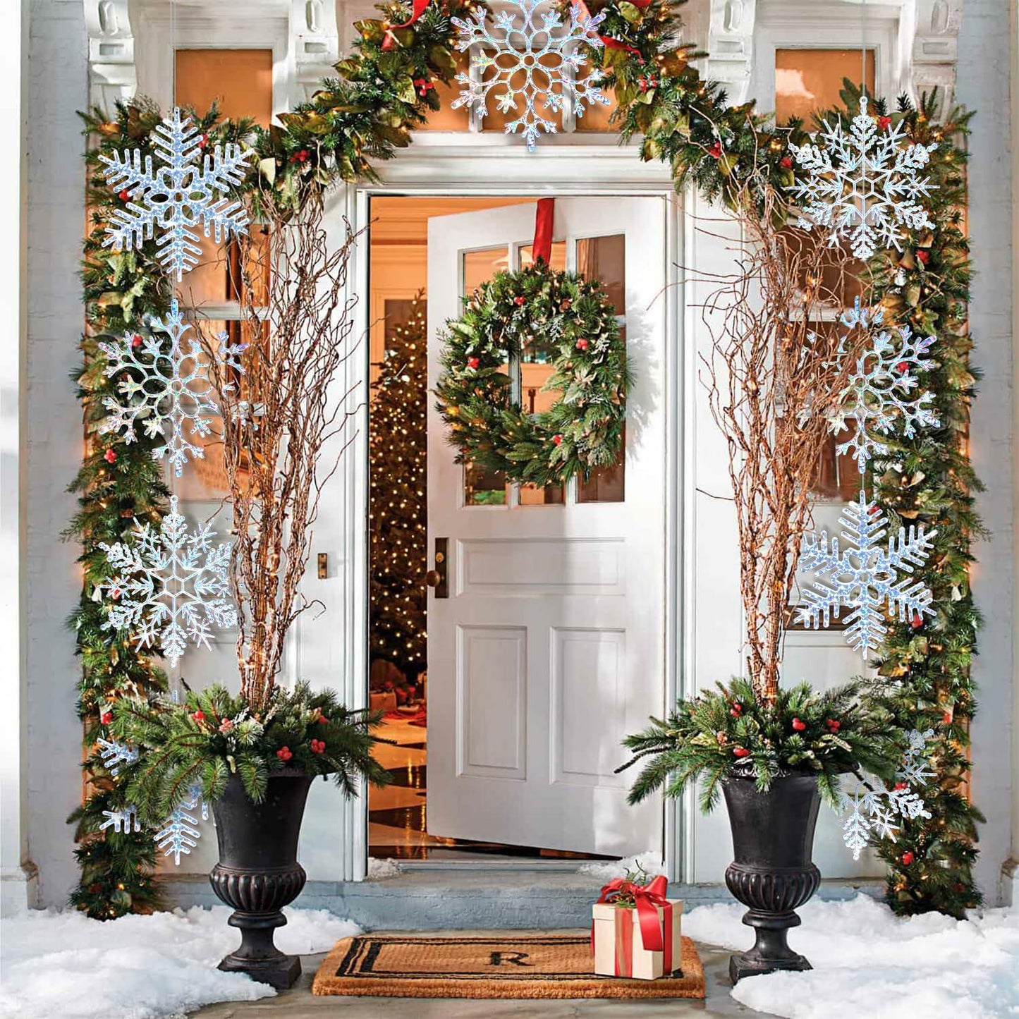 EIMMBD 8pcs Large Plastic Glitter Snowflake Ornaments Silver Winter Decor