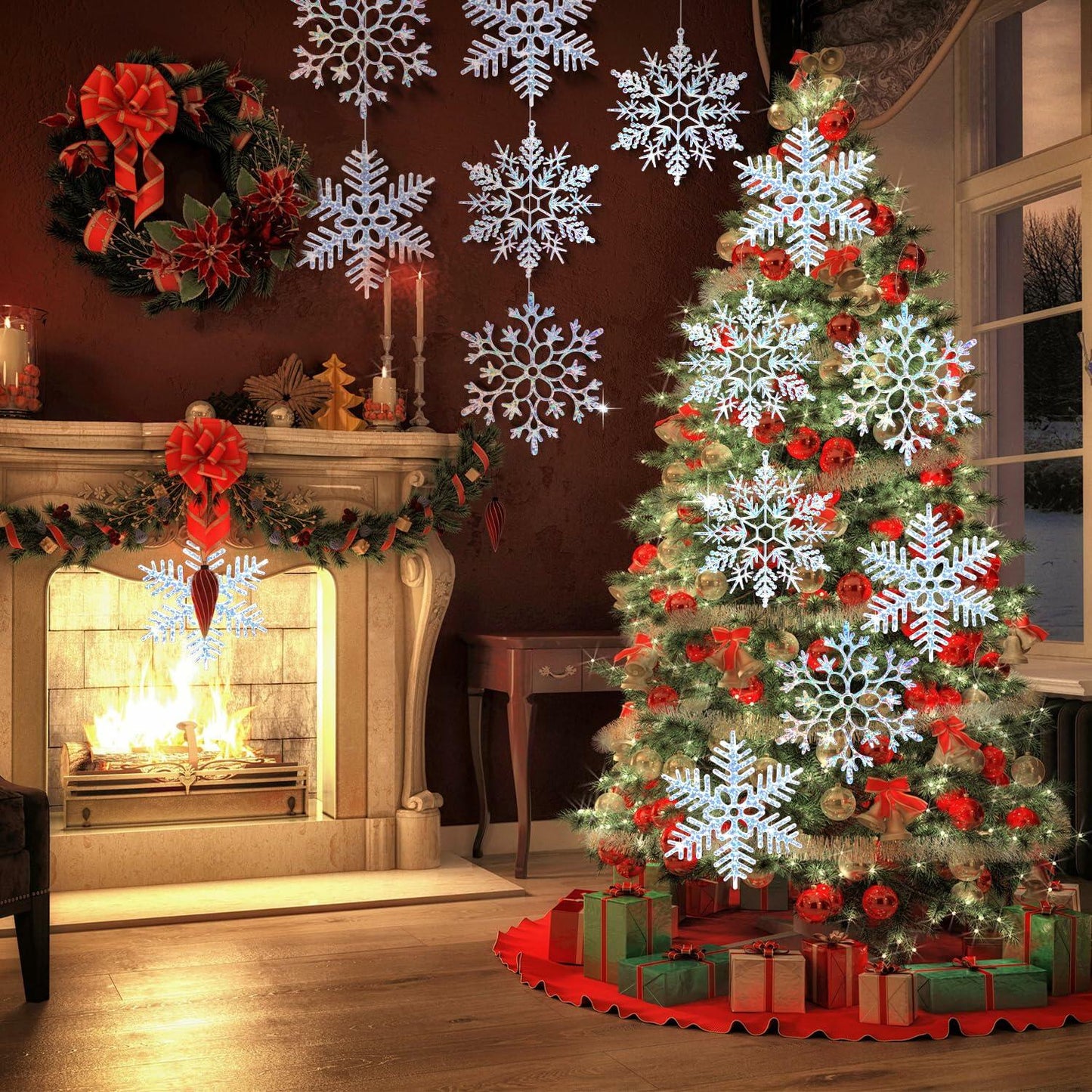 EIMMBD 8pcs Large Plastic Glitter Snowflake Ornaments Silver Winter Decor