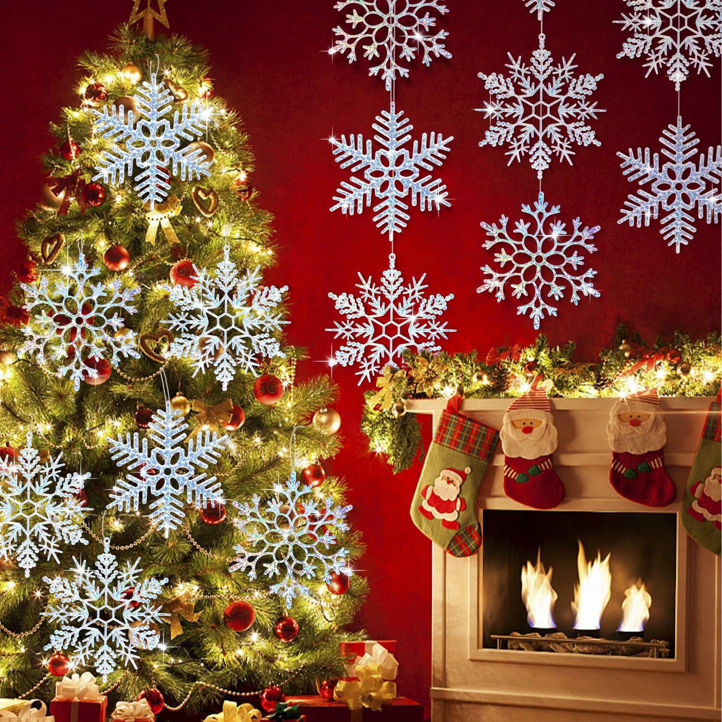 EIMMBD 8pcs Large Plastic Glitter Snowflake Ornaments Silver Winter Decor