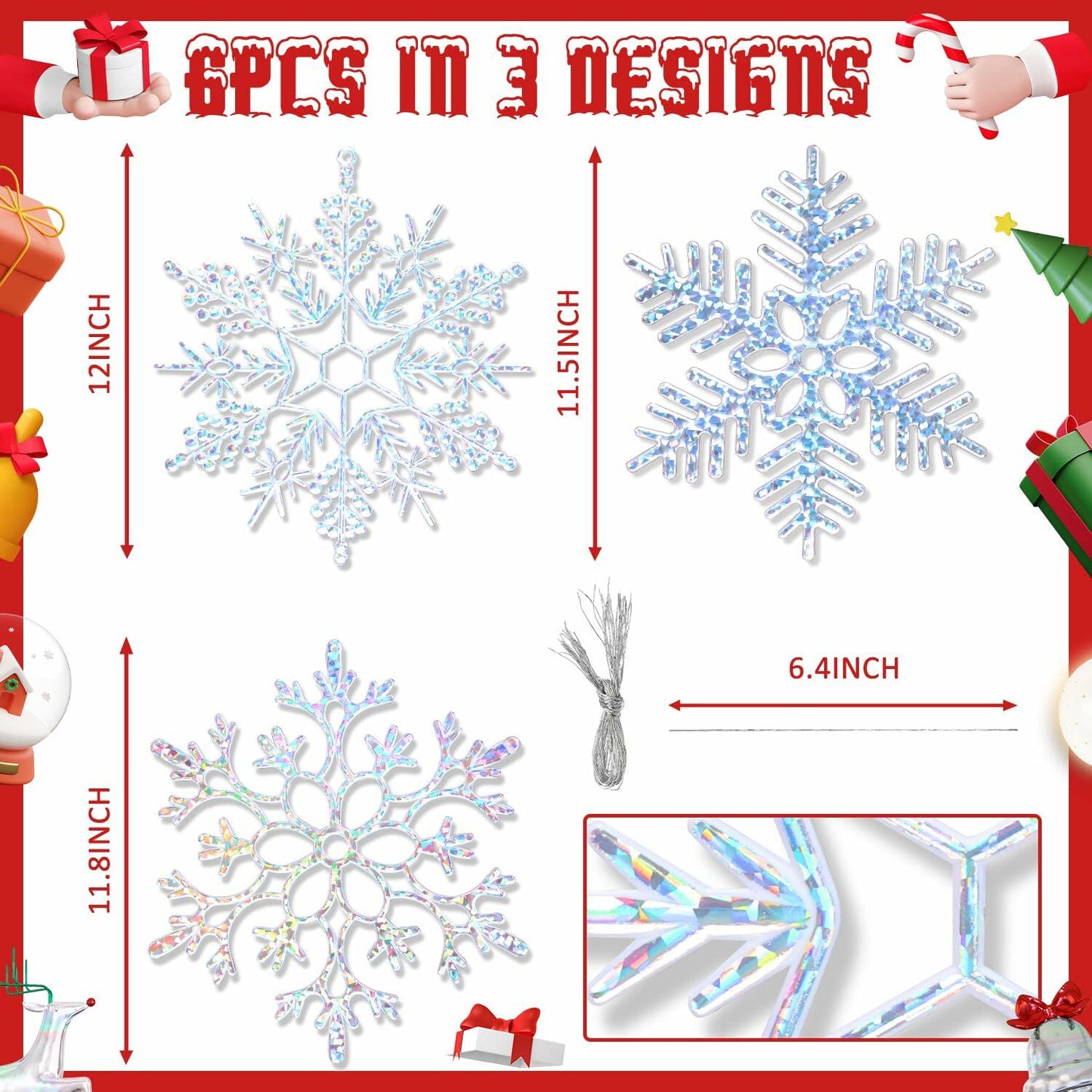 EIMMBD 8pcs Large Plastic Glitter Snowflake Ornaments Silver Winter Decor
