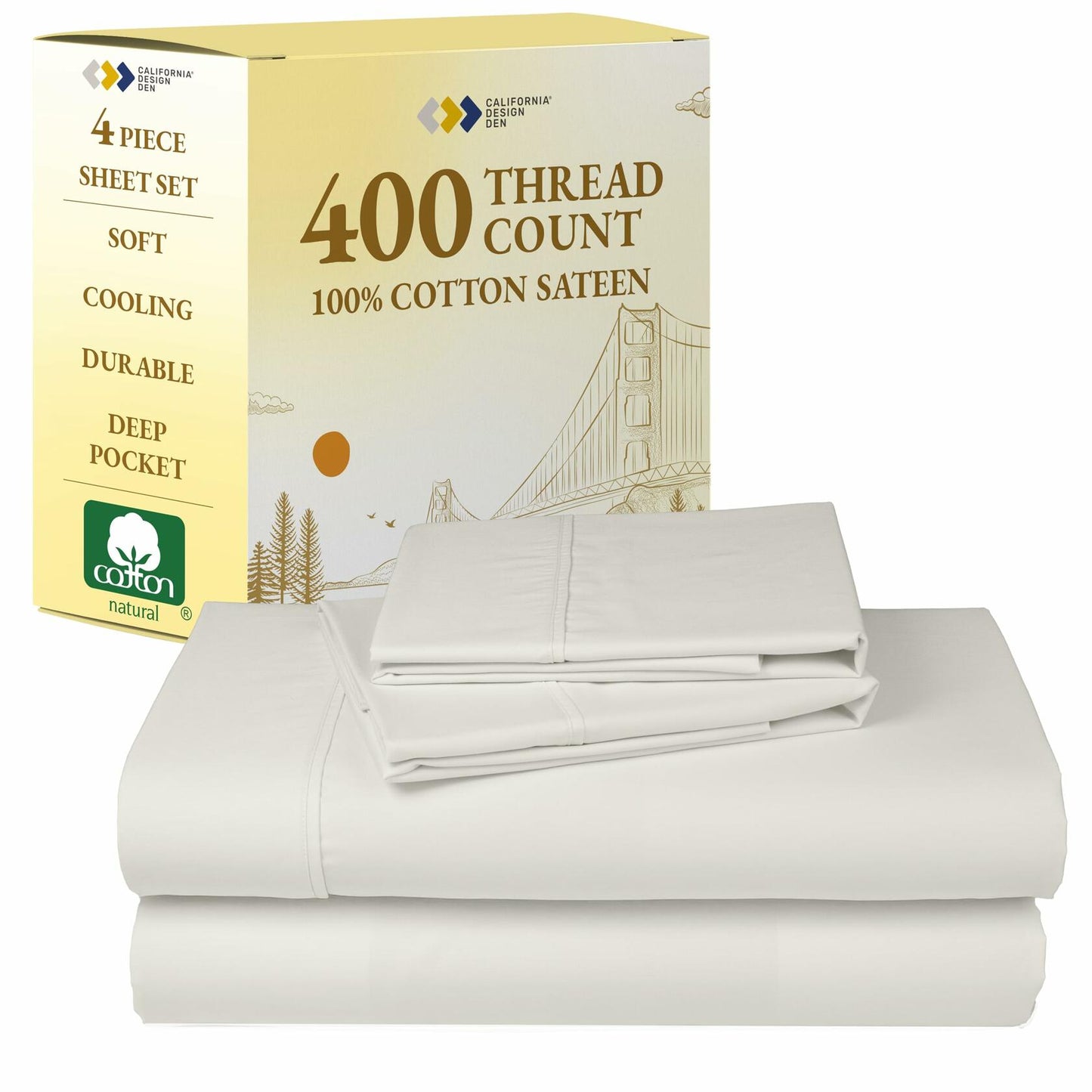 California Design Den 100% Cotton Full Sheets Set 400TC Deep Pockets Ivory