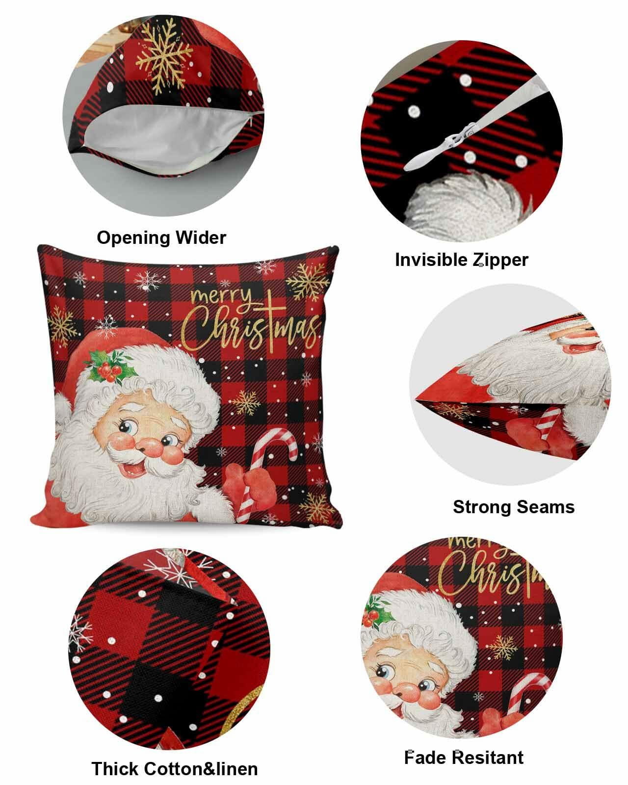 Christmas Santa Claus Pillow Covers 18x18 Set of 2 Red Black Buffalo Plaid