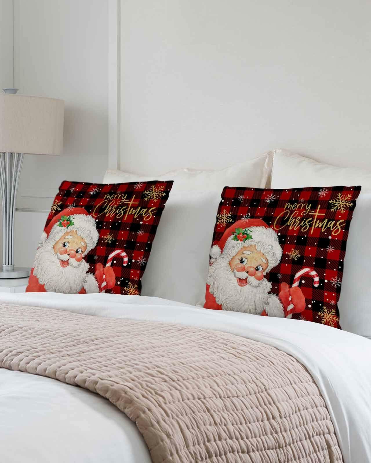 Christmas Santa Claus Pillow Covers 18x18 Set of 2 Red Black Buffalo Plaid