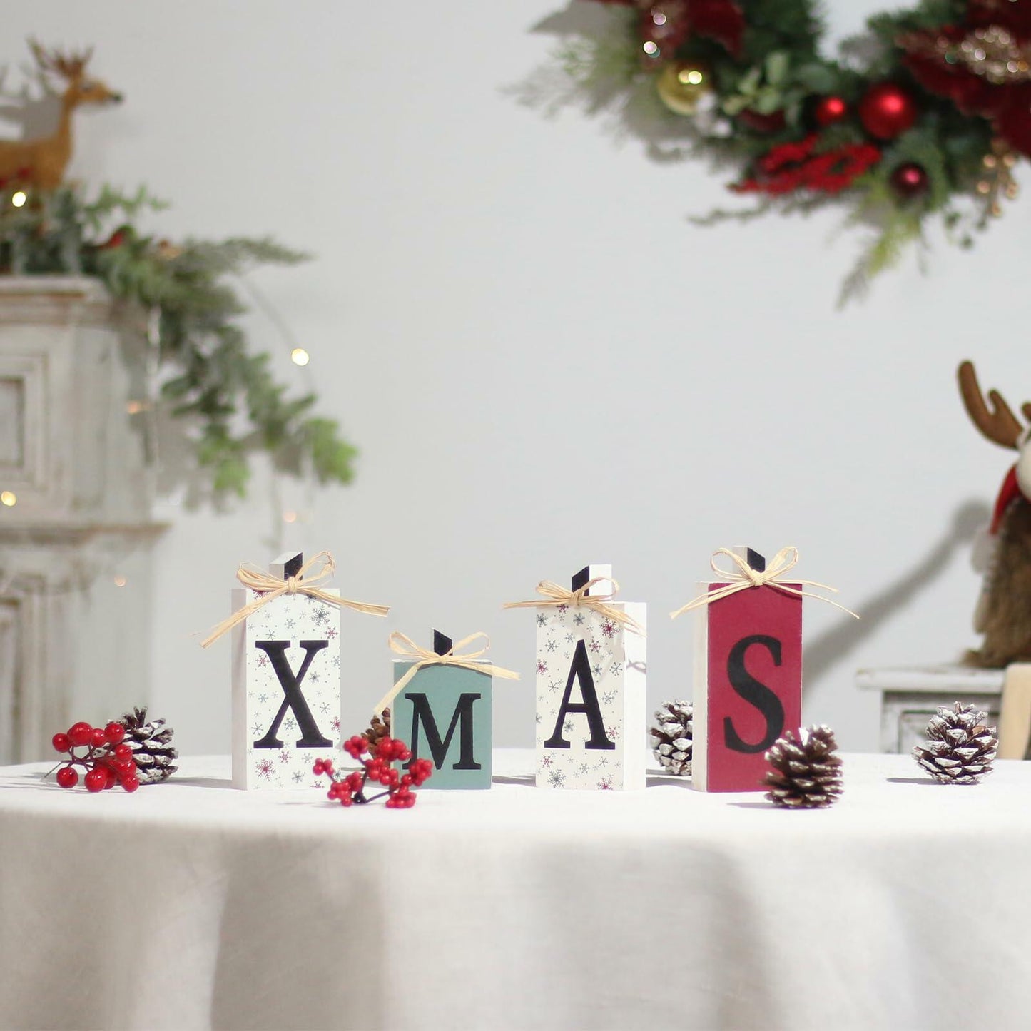 SY Super Bang Rustic Wooden Xmas Sign Decorations 4PCS Farmhouse Holiday