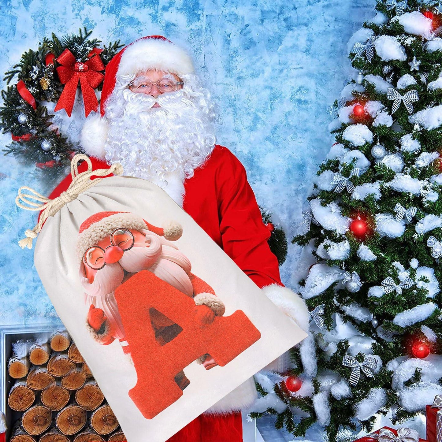 CCINEE Canvas Santa Sack 27x20in Red Drawstring Personalized Letter A