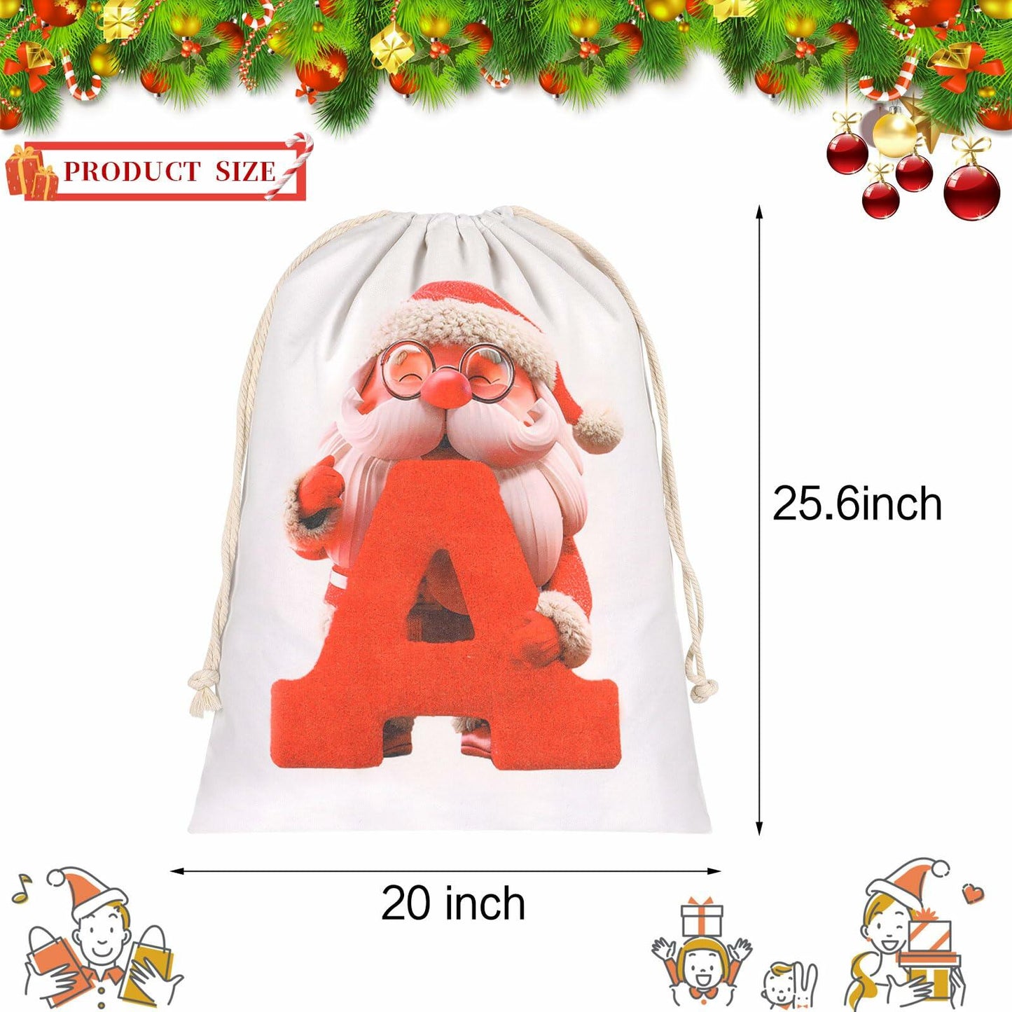 CCINEE Canvas Santa Sack 27x20in Red Drawstring Personalized Letter A