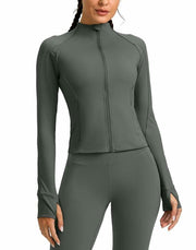 Womens Cropped Workout Jacket Slim Fit Full Zip Thumb Holes Pockets Sage Grey XL