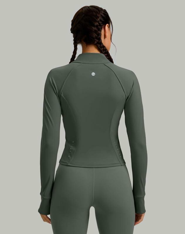 Womens Cropped Workout Jacket Slim Fit Full Zip Thumb Holes Pockets Sage Grey XL