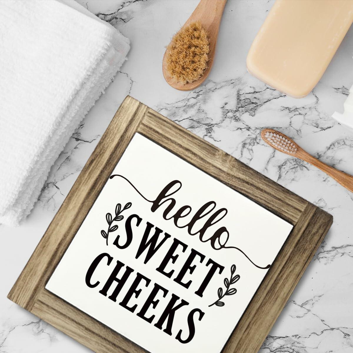 Farmhouse Rustic Wooden Bathroom Sign 'Hello Sweet Cheeks' Plaque Decor