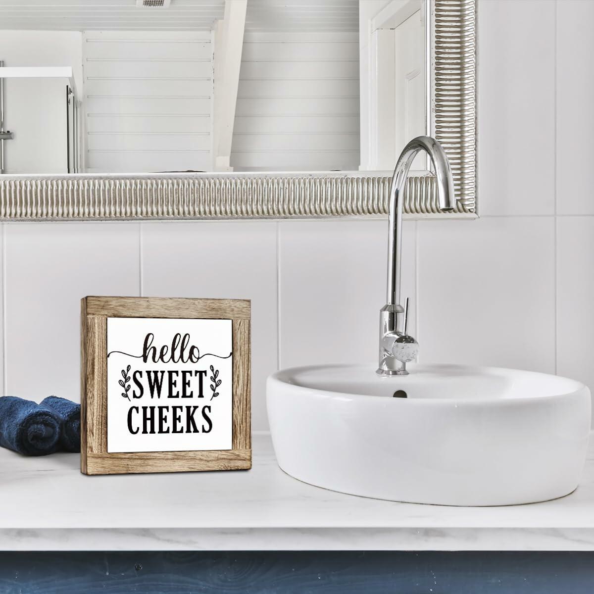 Farmhouse Rustic Wooden Bathroom Sign 'Hello Sweet Cheeks' Plaque Decor