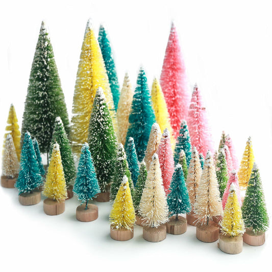 DomeStar 45PCS Mini Christmas Sisal Trees Colorful Frosted with Wood Base
