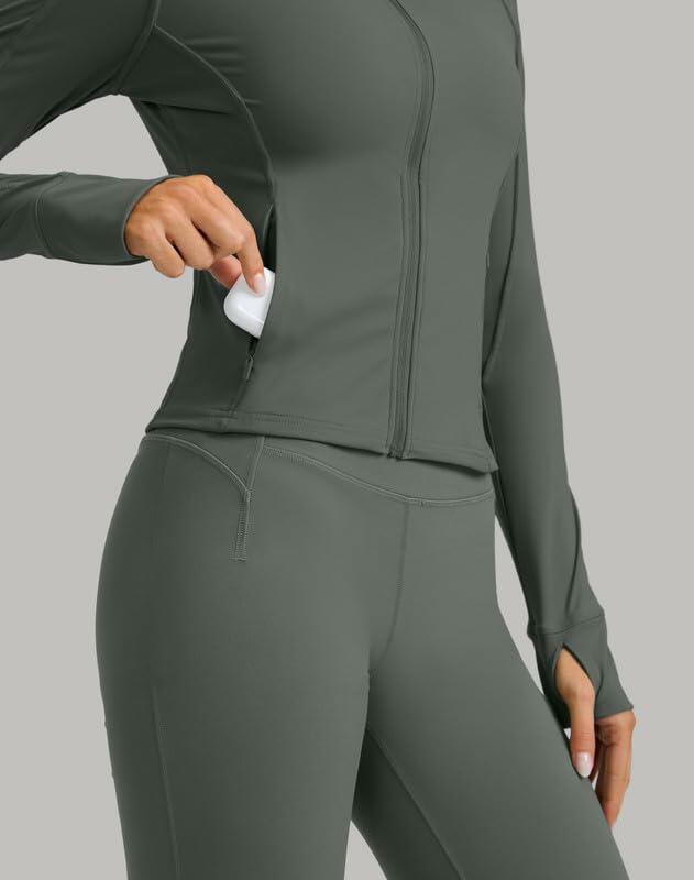 Womens Cropped Workout Jacket Slim Fit Full Zip Thumb Holes Pockets Sage Grey XL