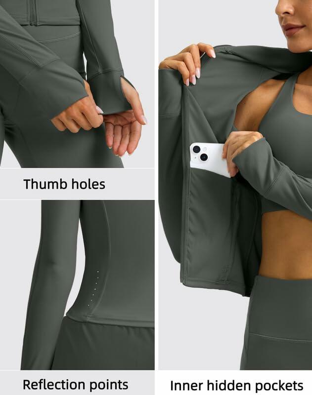 Womens Cropped Workout Jacket Slim Fit Full Zip Thumb Holes Pockets Sage Grey XL