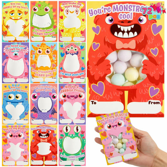 JOYIN 72 Pcs Valentines Monster Gift Cards with Bags Candy Holder Cards