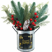 Winlyn Christmas Floral Arrangement Pinecone Red Berry Galvanized Pot 12.4"