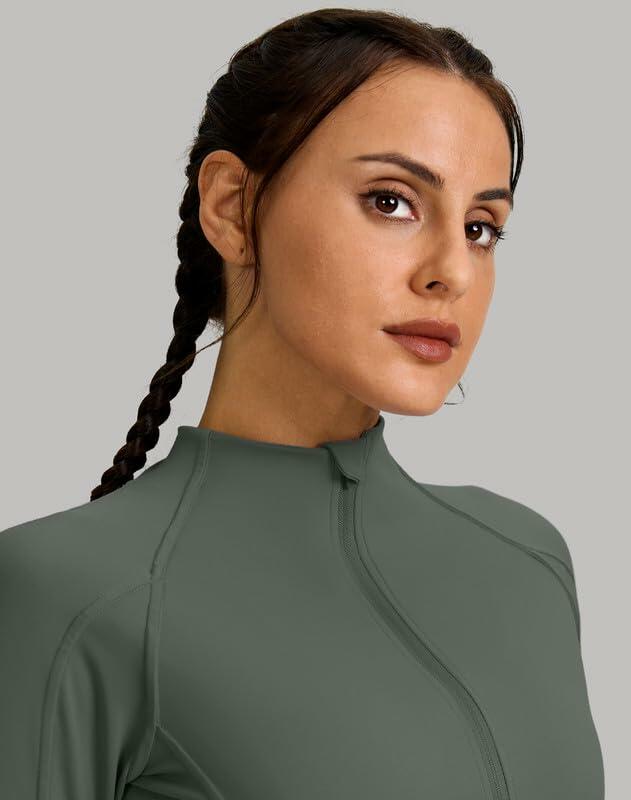 Womens Cropped Workout Jacket Slim Fit Full Zip Thumb Holes Pockets Sage Grey XL