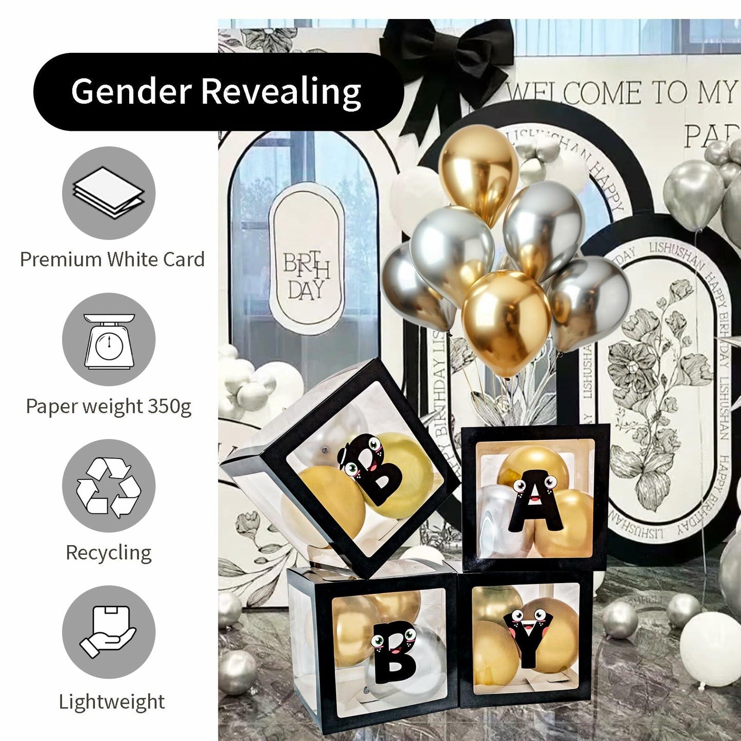 [Like New] Onteftshop Baby Boxes Letters Clear Black 4pcs Party Decorations