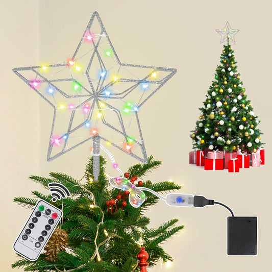 Christmas Tree Topper 50 LED Lighted Silver Star Remote Control 8 Modes