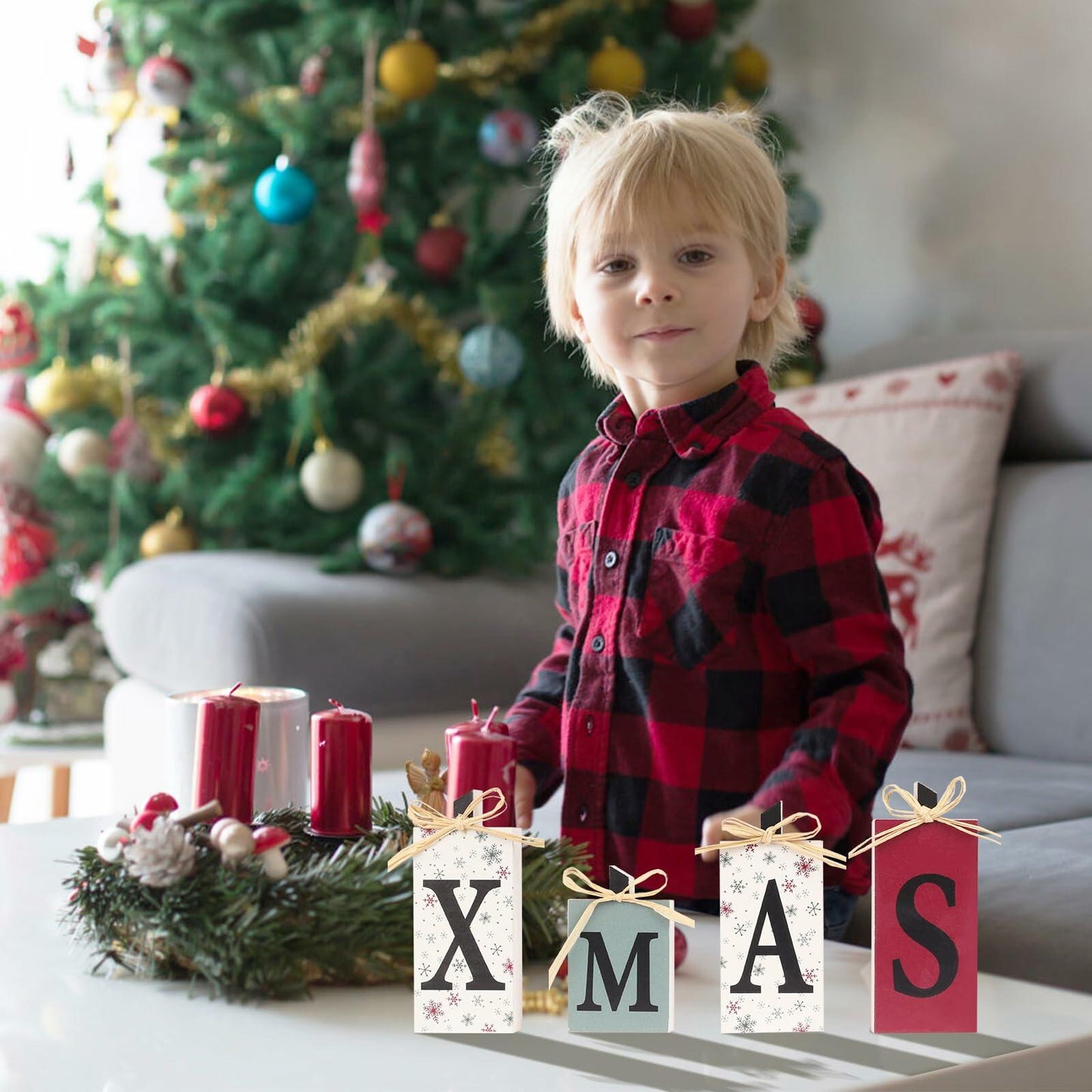 SY Super Bang Rustic Wooden Xmas Sign Decorations 4PCS Farmhouse Holiday