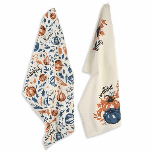 The Fine Living Company 2pc Thankful Grateful Dish Towels 18x28 Blue Orange