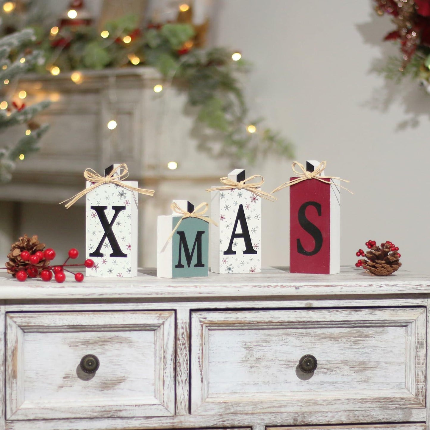 SY Super Bang Rustic Wooden Xmas Sign Decorations 4PCS Farmhouse Holiday