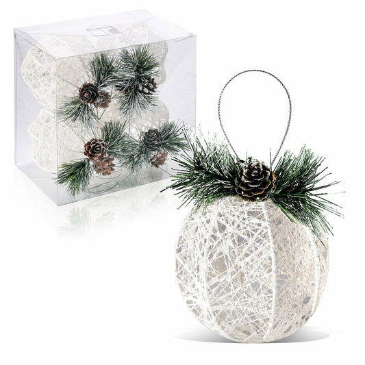 Christmas Ball Ornaments 4pc Set White Pinecone Rattan Thread String 4.7"