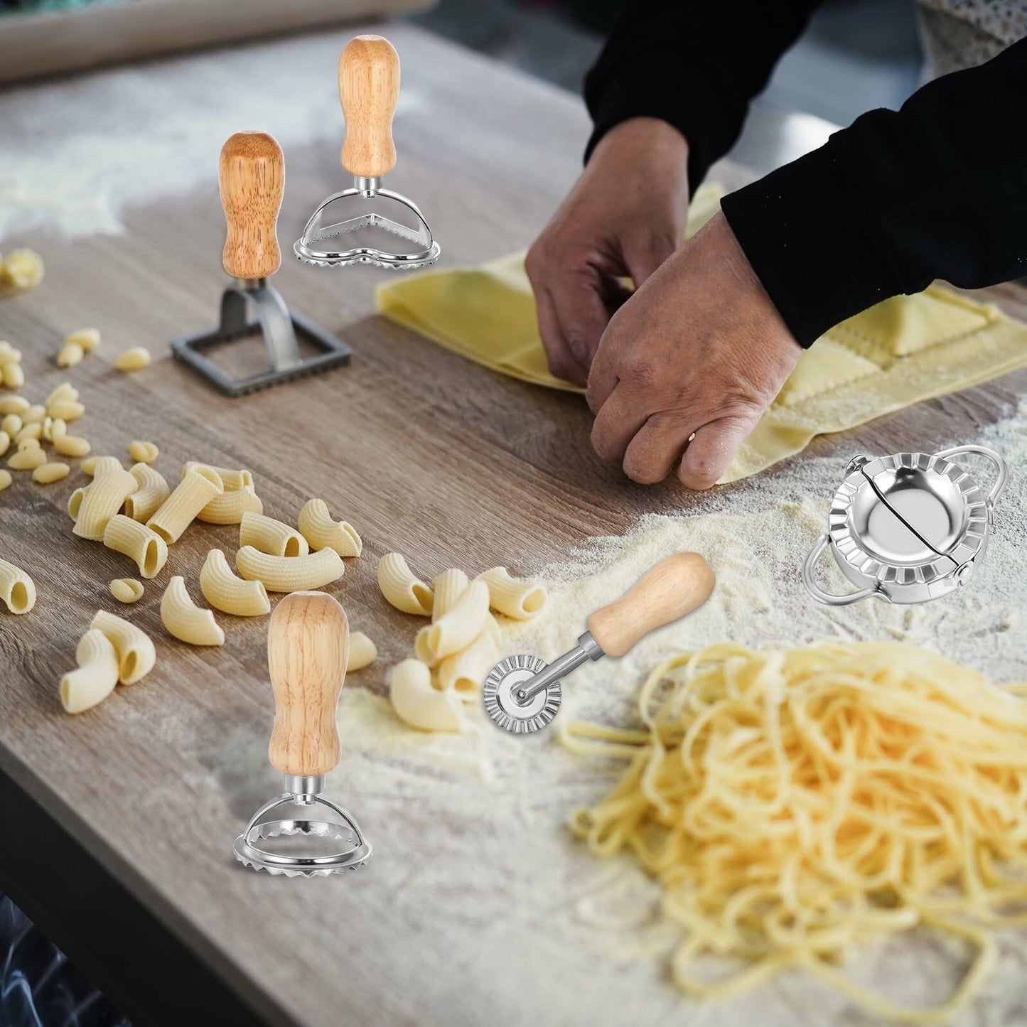 PEOVLVN 9 Pcs Pasta Making Kit Gnocchi Board Roller Cutter Dumpling Maker