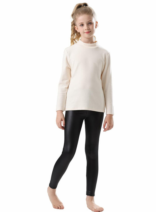 CVVTEE Girls Faux Leather Stretch Leggings Black Fleece-Lined Size 12