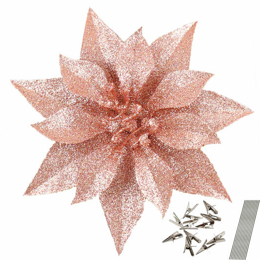 [Like New] YOSICHY 12 Pcs Artificial Christmas Flowers Deep Champagne with Clips Stems