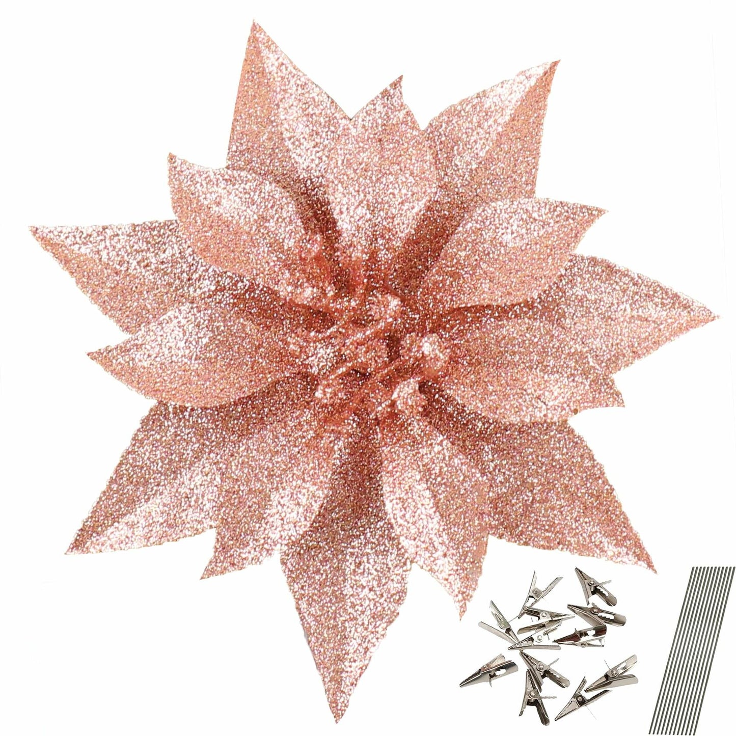[Like_new] YOSICHY 12 Pcs Artificial Christmas Flowers Deep Champagne with Clips Stems