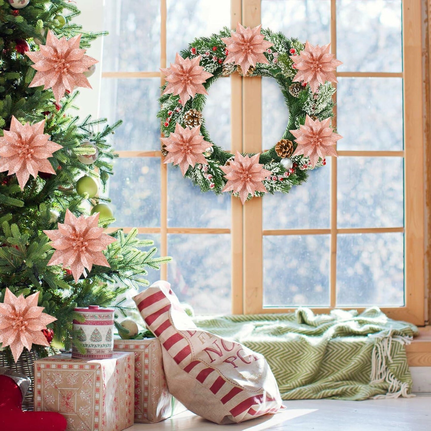 [Like_new] YOSICHY 12 Pcs Artificial Christmas Flowers Deep Champagne with Clips Stems