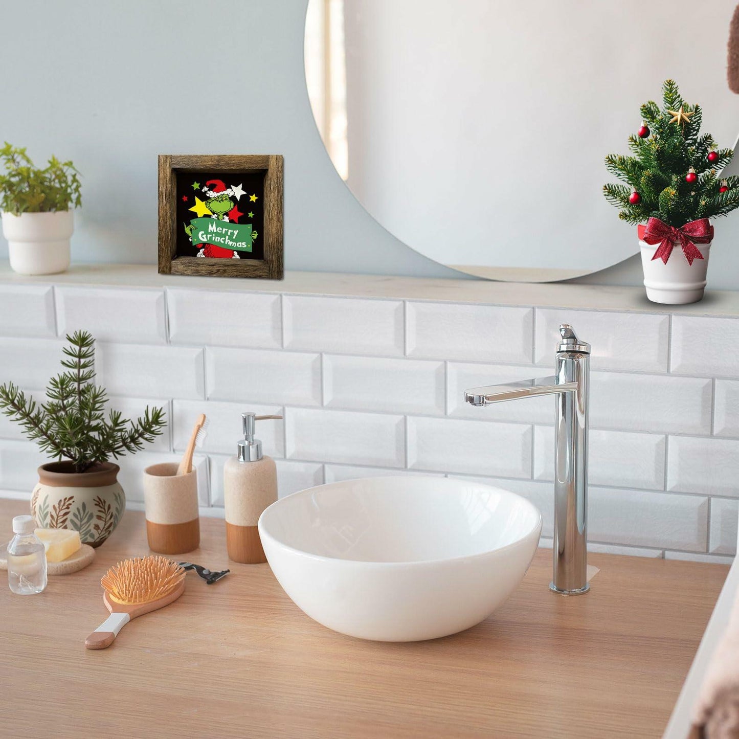 Funny Christmas Wooden Sign Home Bathroom Decor Cute Xmas 7x7 Inch Frame