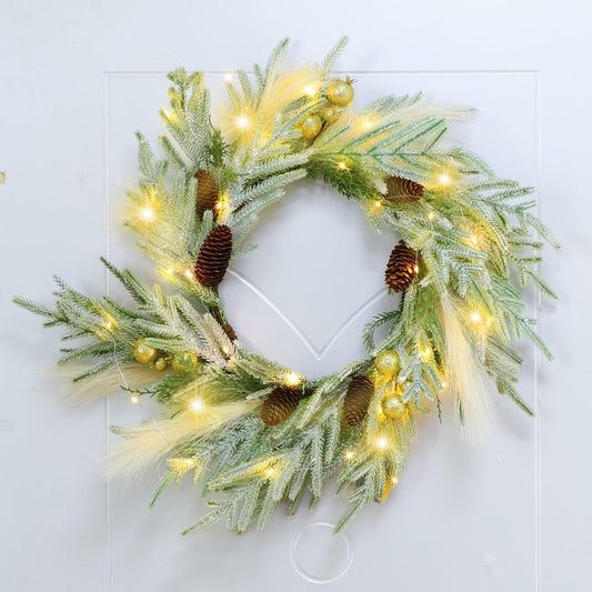 Chuangdi 24" Lighted Norfolk Pine Pampas Christmas Wreath with Pine Cones